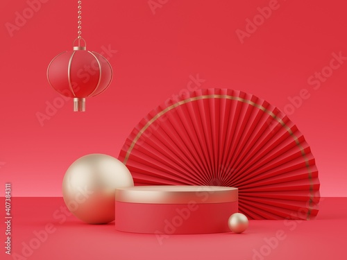 3d rendering of minimal scene of blank podium with Chinese lunar new year theme. Display stand for product presentation mock up. Chinese traditional texture.