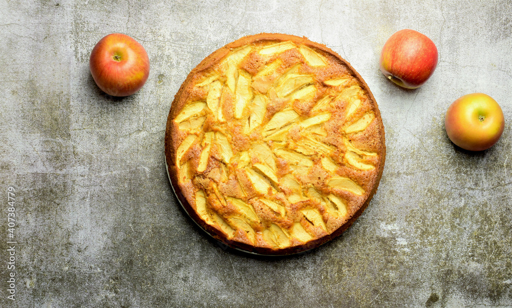 On a stone base and zenith view, homemade apple pie, freshly baked. On a stone base and zenith view, homemade apple pie, freshly baked.
