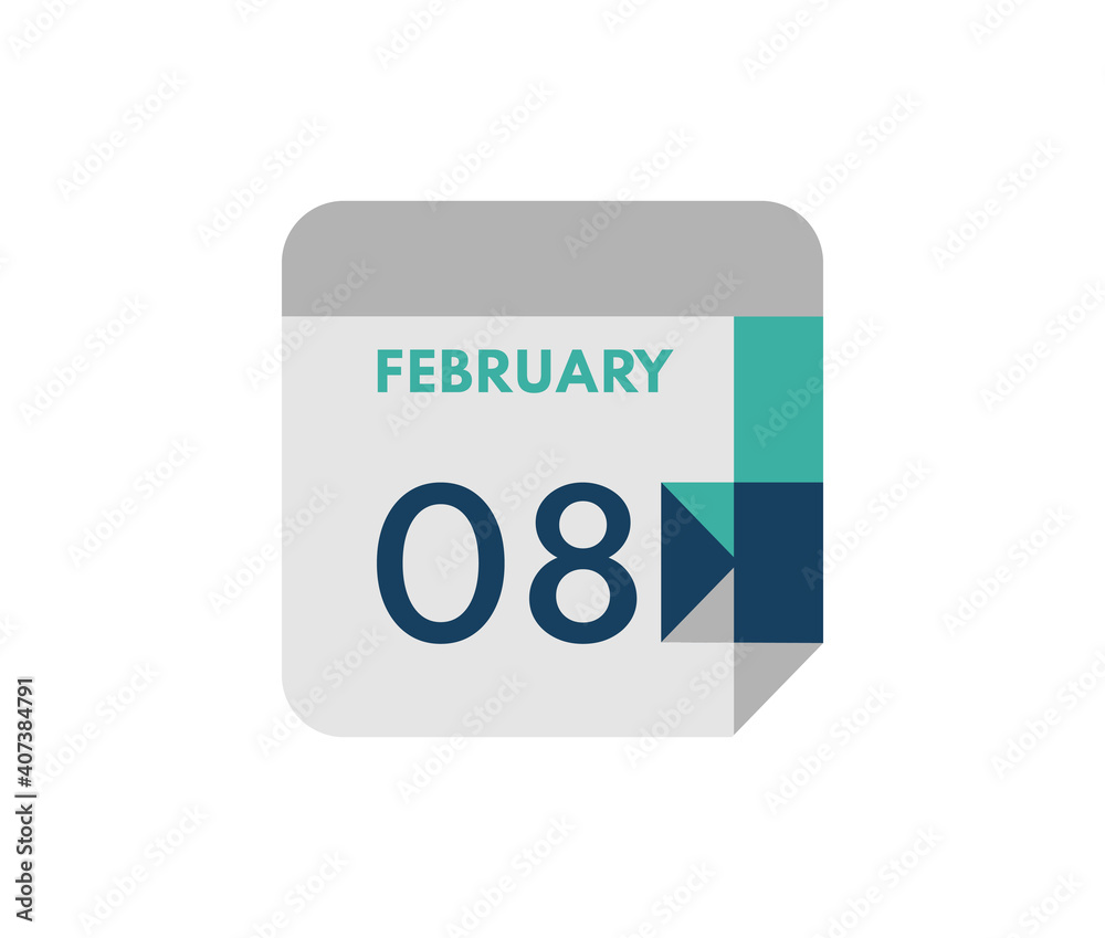 February 8 flat daily calendar date, 8 February Single Day Calendar Icon February 8 flat daily calendar date, 8 February Single Day Calendar Icon