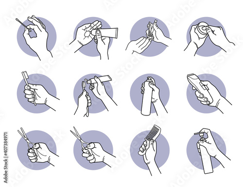 Hand holding and using grooming tools, equipment and products. Vector illustrations of cotton bud, cream, lotion, gel, fingernail cutter, toothbrush, shampoo, hair clipper, scissor, and comb.