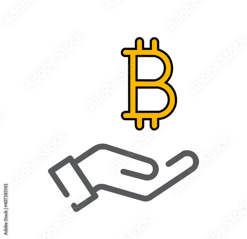 Flat hand holding Bitcoin icon isolated on white background