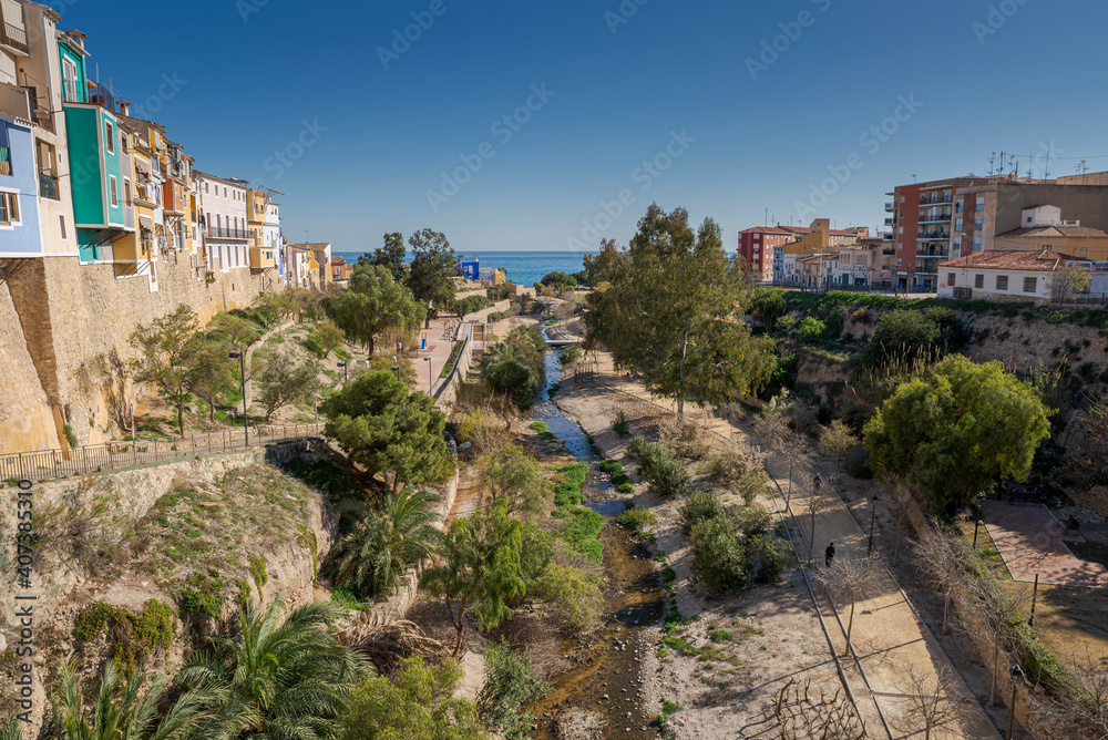 Obraz premium Views of the Amadorio River, in the city of Villajoyosa, a touristic village in the province of Alicante, Spain