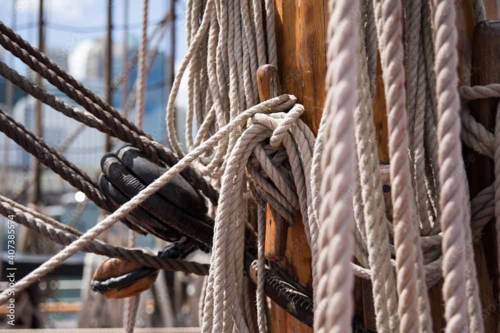 Rope on rigged boat at a dock