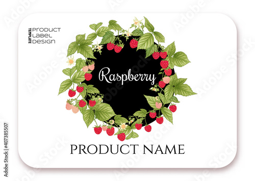 Raspberry. Ripe berries on branch. Template for product label, cosmetic packaging. Easy to edit. Graphic drawing, engraving style. Vector illustration..