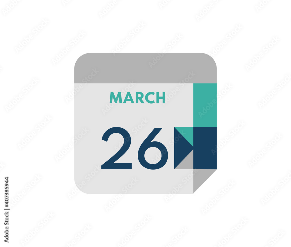 March 26 flat daily calendar date, 26 March Single Day Calendar Icon March 26 flat daily calendar date, 26 March Single Day Calendar Icon