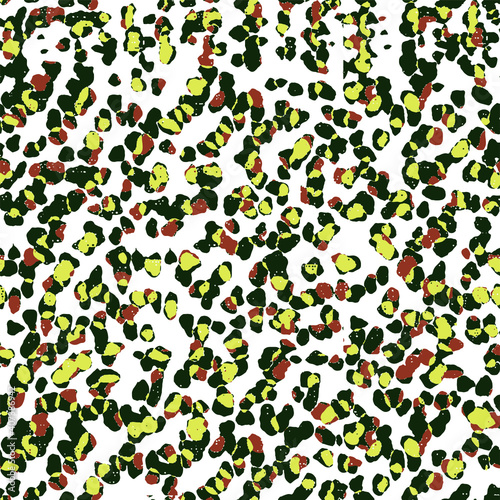 Leopard animal print in muted tie dye hues of yellow, orange, navy . Seamless repeating pattern.