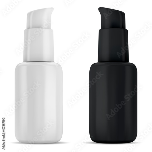 Serum pump bottle. Cosmetic pump dispenser bottles for foundation. Airless packaging mockup. Plastic package for moisturizer essence, skincare treatment product 3d template. Face makeup base