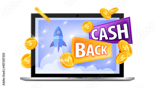 Cash back, internet shopping money saving vector illustration with laptop screen, coins. Bonus program reward, promotional sale discount stickers. Cash back e-commerce stamp label,isolated emblem logo
