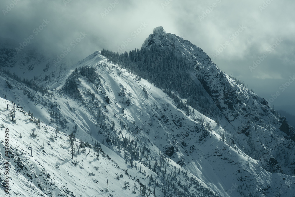 Dramatic dark, mysterious, and moody mountains in the foggy Pacific Northwest
