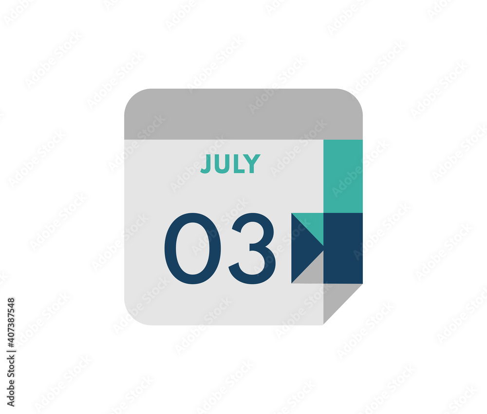 July 3 flat daily calendar date, 3 July Single Day Calendar Icon July 3 flat daily calendar date, 3 July Single Day Calendar Icon