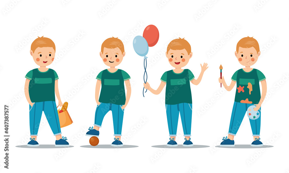Cartoon child in different poses. Vector illustration of a boy with balls, shopper, football player, artist in flat style