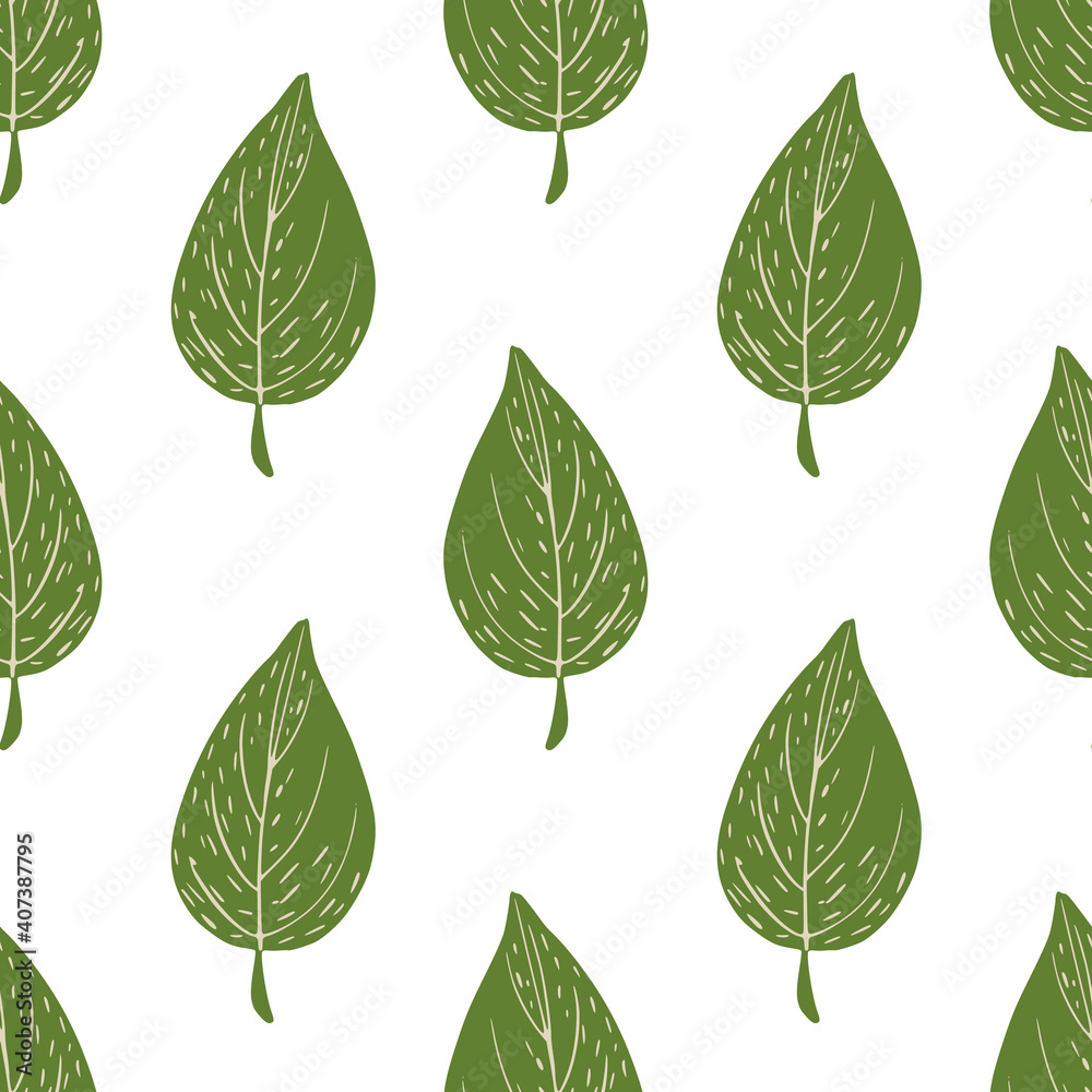 Isolated doodle green leaves ornament seamless pattern on white background. Nature print. Isolated doodle green leaves ornament seamless pattern on white background. Nature print.
