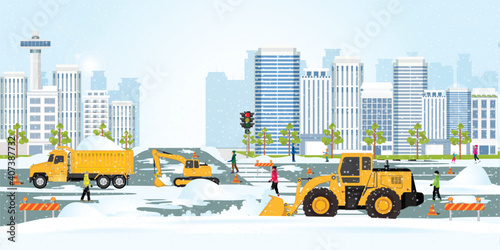 Snow plow truck cleaning urban residential area streets winter snow removal.