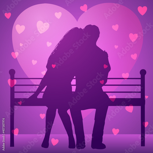 Vector illustration for Valentine's Day. Couple on bench embraces on pink background of hearts