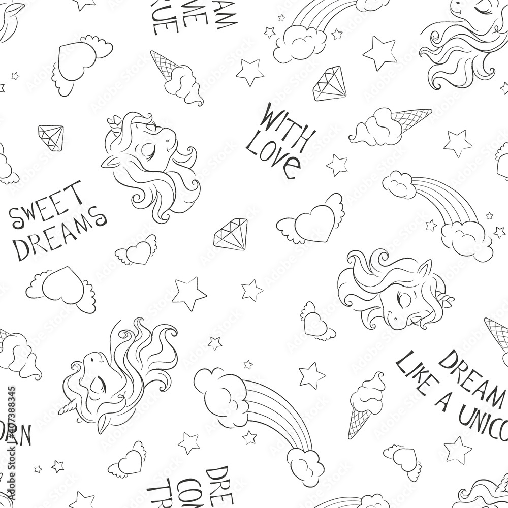 Art. Seamless unicorn pattern. Drawing for kids clothes or fabrics. Black and white unicorn pattern.