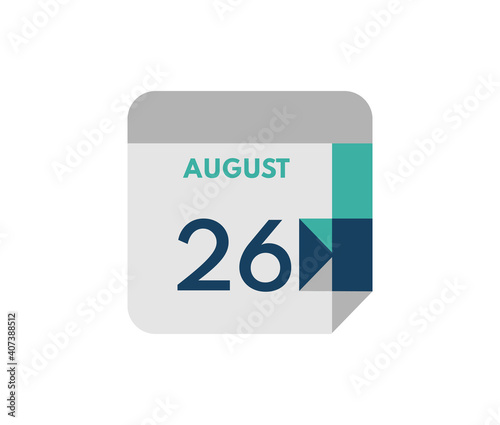 August 26 flat daily calendar date, 26 August Single Day Calendar  Icon