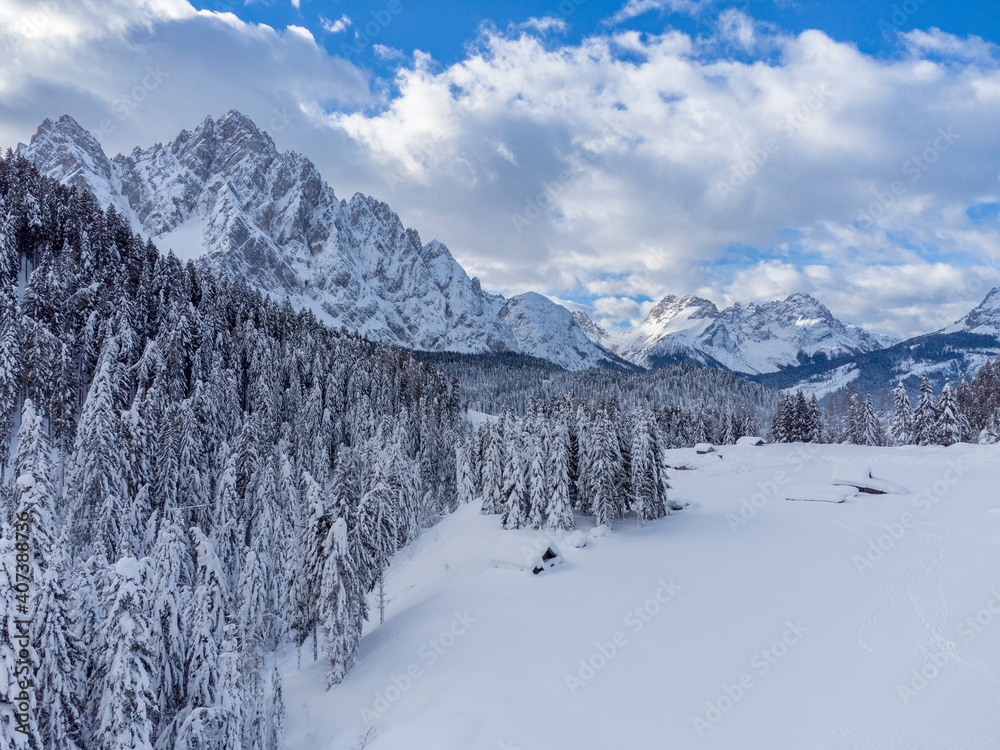 Obraz premium Mountain in the snow. Sappada, Geometries and panoramas from above.