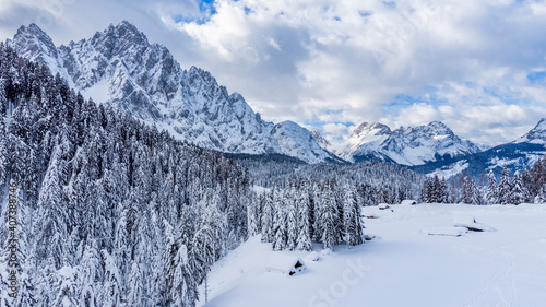 Mountain in the snow. Sappada, Geometries and panoramas from above.