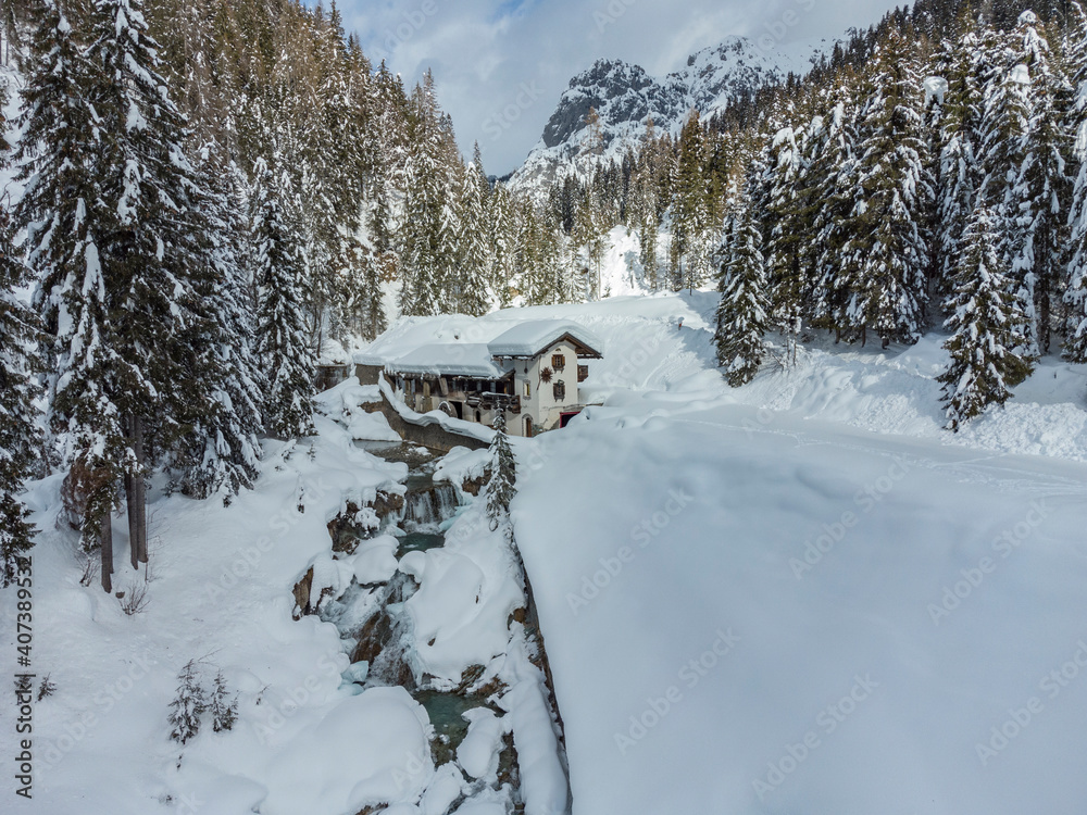 Mountain in the snow. Sappada, Geometries and panoramas from above. Mountain in the snow. Sappada, Geometries and panoramas from above.