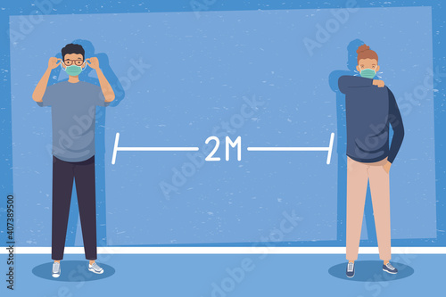 covid prevention, men wearing medical mask in distancing social