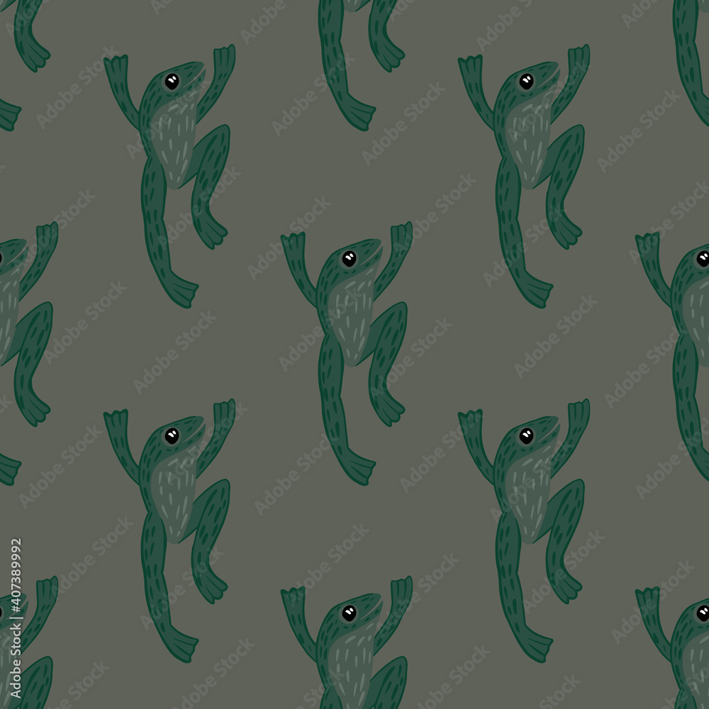 Dark zoo marine seamless doodle pattern with green froggy ornament. Grey background. Kids style.