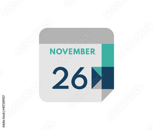november 26 flat daily calendar date, 26 november Single Day Calendar  Icon