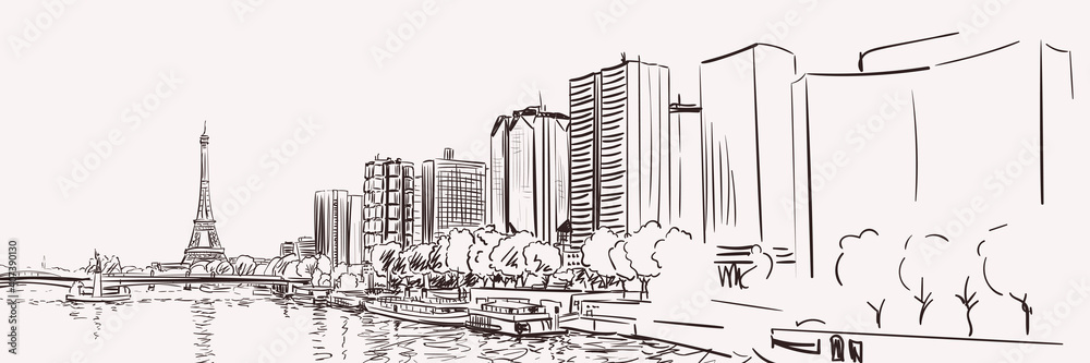 Paris Eiffel Tower and river Seine cityscape, Long poster Hand drawn illustration vector sketch