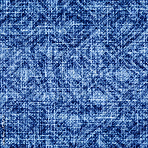 Abstract seamless pattern. Indigo intricate texture fabric. Blue background for design prints. Grunge urban effect. Modern variegated denim. Repeated irregular pattern. Art imperfect textile. Vector 