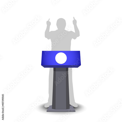 3d blue podium, white circle in the center and a human silhouette. Raised hands and fingers on a white background with shadows. EPS10