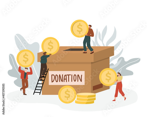 Concept of charity and donation. Give and share your money  to people. Tiny people donate money for help poor people. Flat design, vector illustration isolated on white background.
