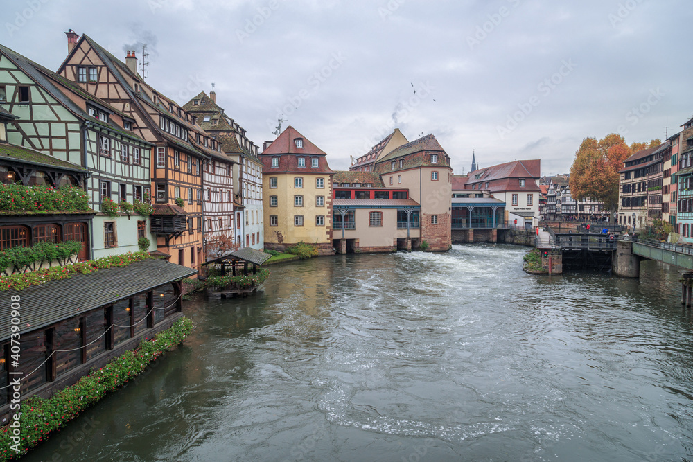 Landscapes of La Petite France in Strasbourg in a cloudy day in winter