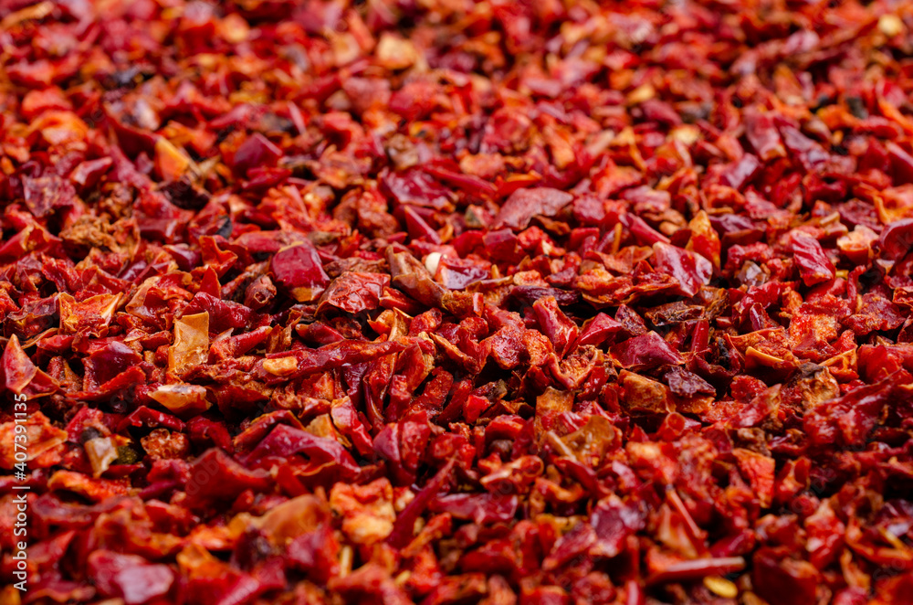 Fototapeta premium Slices of dry red pepper.