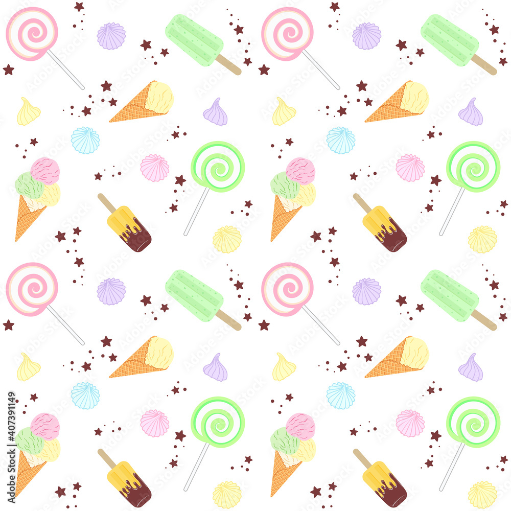 Colorful ice cream cone, popsicle, lollipops and meringues on a white background with chocolate stars. Summer food and dessert. Vector seamless pattern for sweet shop, confectionery, wrapping paper Colorful ice cream cone, popsicle, lollipops and meringues on a white background with chocolate stars. Summer food and dessert. Vector seamless pattern for sweet shop, confectionery, wrapping paper