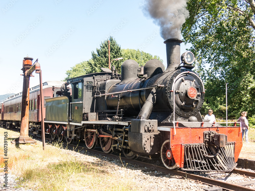 Tourist train called Valdiviano that runs from Valdivia to Antilhue with a 1913 North British locomotive type 57. Los Rios Region, in southern Chile. Tourist train called Valdiviano that runs from Valdivia to Antilhue with a 1913 North British locomotive type 57. Los Rios Region, in southern Chile.