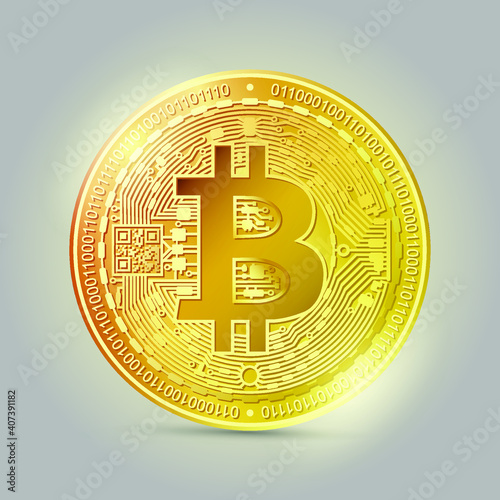 vector image in the form of a gold sparkling coin of the digital cryptographic currency bitcoin