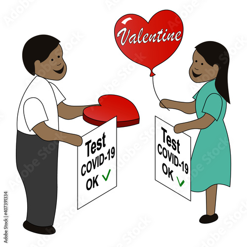 Valentine's Day card in new pandemic reality. Romantic couple show COVID test to each other. They are exchanging Valentine gifts.