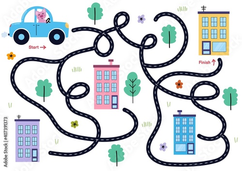 Help cute pig find path to home. Drive the car maze puzzle for kids. Funny labyrinth game. Vector illustration