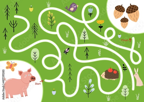 Help the cute hungry pig find path to acorns. Choose the correct way maze puzzle for kids. Funny labyrinth game. Vector illustration