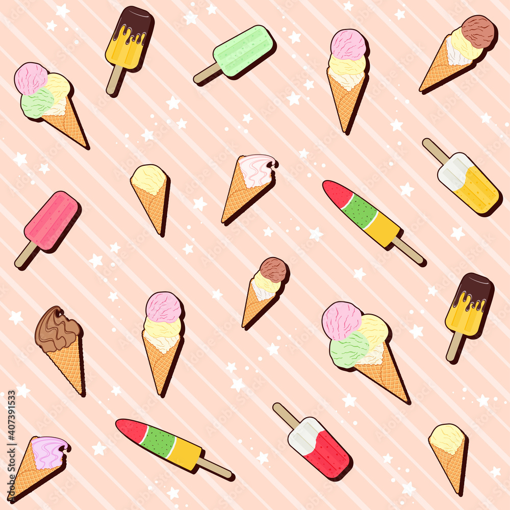 Different colorful ice cream cone and popsicle on a striped pink background with stars. Summer food and dessert. Vector seamless pattern for ice cream shop, cafe, sweet shop, wrapping paper, packaging Different colorful ice cream cone and popsicle on a striped pink background with stars. Summer food and dessert. Vector seamless pattern for ice cream shop, cafe, sweet shop, wrapping paper, packaging