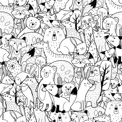 Doodle forest animals black and white seamless pattern. Funny coloring page with woodland characters. Vector illustration