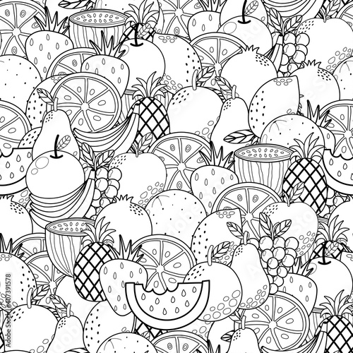 Doodle fruits black and white seamless pattern. Healthy food coloring page. Summer print for colouring book. Vector illustration