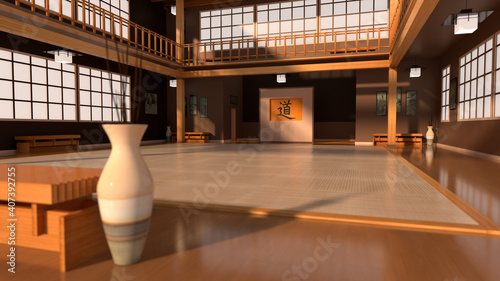 Angled 3D Illustration of a Modern Japanese Karate Dojo Interior - Shallow Depth of Field - 3D Illustration of a Modern Japanese Karate School or Dojo Interior.  Public Domain Photos Lib. of Congress. photo