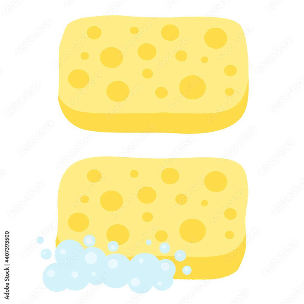 Sponge with foam. Yellow tool for cleaning. Detergent with soap. Set of kitchen and bathroom elements. Flat cartoon illustration Sponge with foam. Yellow tool for cleaning. Detergent with soap. Set of kitchen and bathroom elements. Flat cartoon illustration