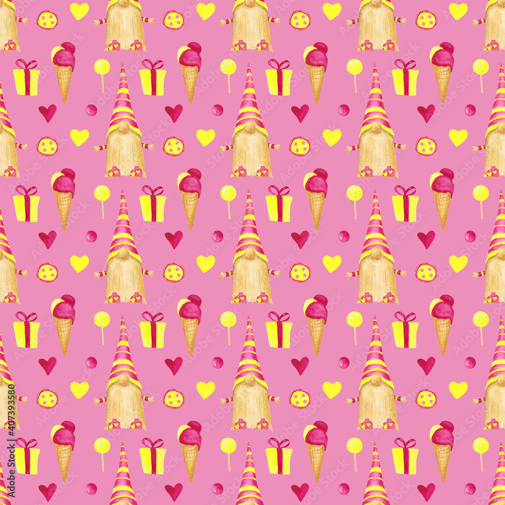 Watercolor Valentine's Day seamless pattern on a pink background. Scandinavian gnomes, gifts, ice creams, buttons, and hearts endless print. Cute pink and yellow romantic digital paper. Wallpaper. Watercolor Valentine's Day seamless pattern on a pink background. Scandinavian gnomes, gifts, ice creams, buttons, and hearts endless print. Cute pink and yellow romantic digital paper. Wallpaper.
