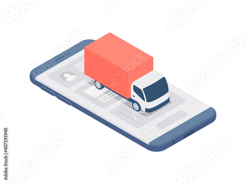 Cartoon smartphone and delivery truck for online service