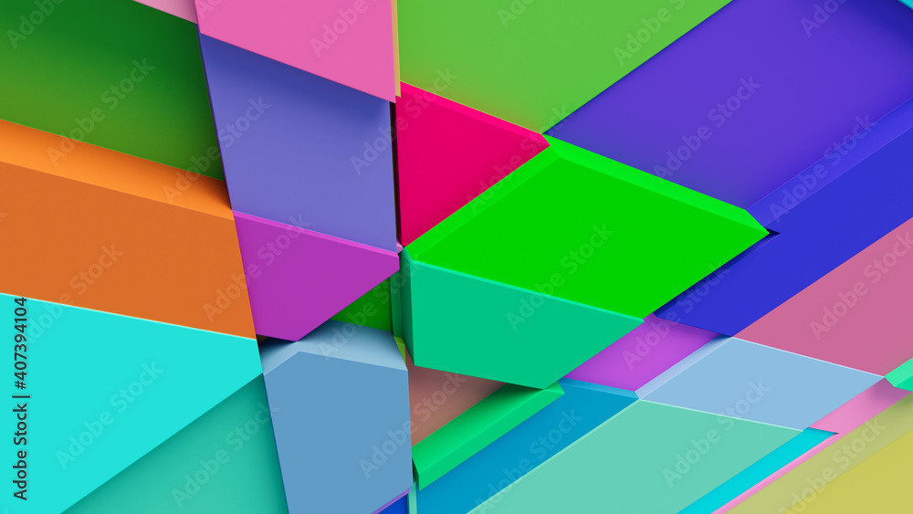 Multicolored tech background, with a geometric 3D structure. Clean, vibrant design with simple, bright, modern forms. 3D render