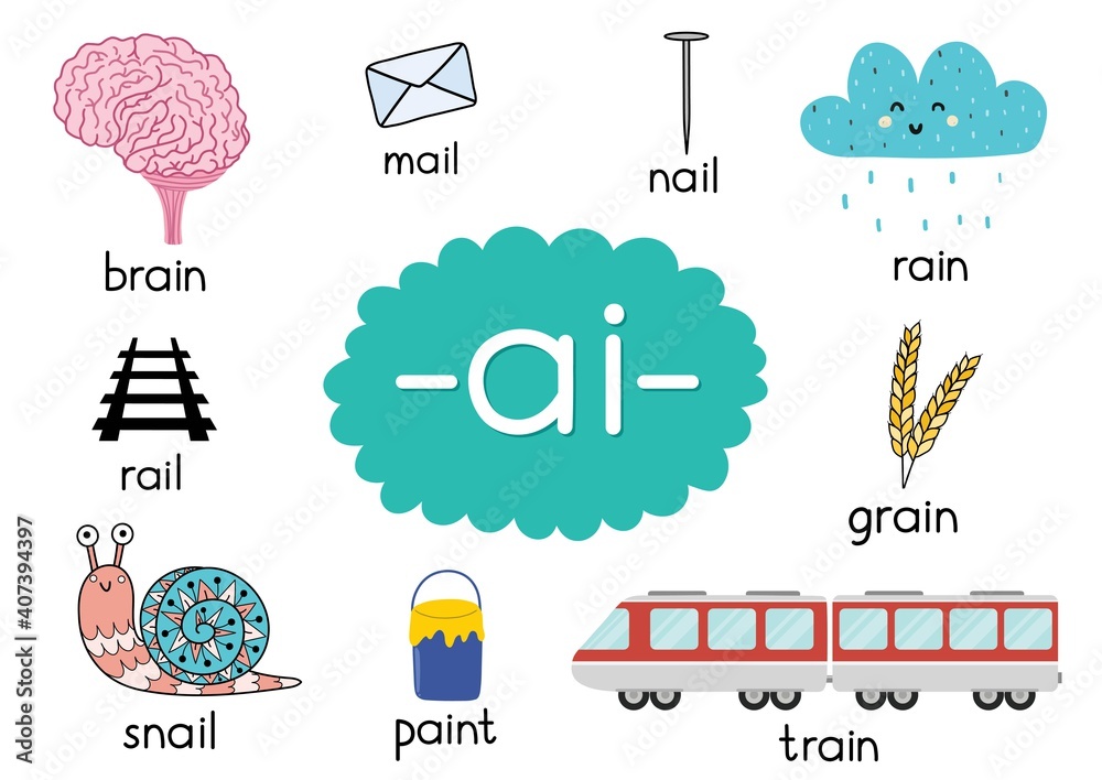 Ai digraph with words educational poster for kids. Learning phonics for