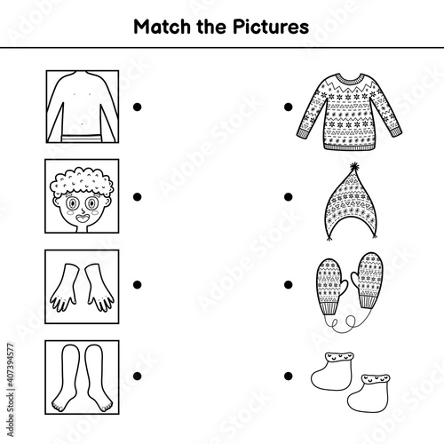 Clothes and body parts matching game for kids. Join each picture of clothing to part of body in which it is worn. Black and white worksheet and coloring page. Vector illustration