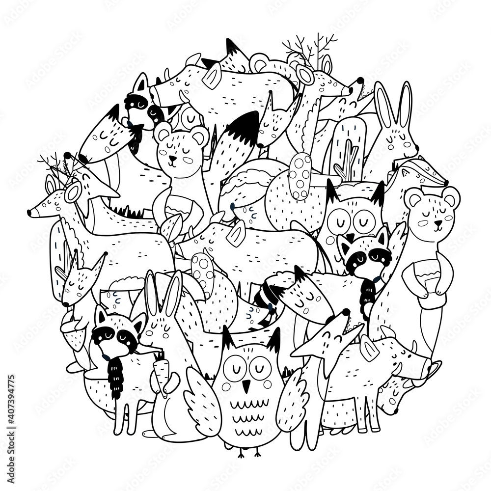 Circle shape coloring page with woodland animals. Black and white print for coloring book with cute forest characters. Outline background. Vector illustration