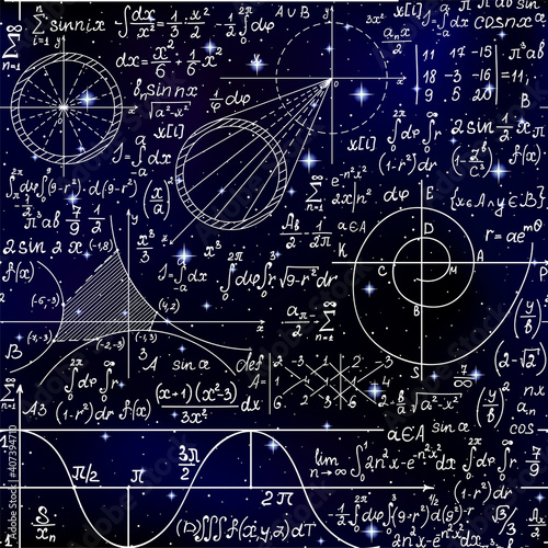 Scientific vector seamless backround with handwritten mathematical formulas, figures, calculations over the starry space sky 